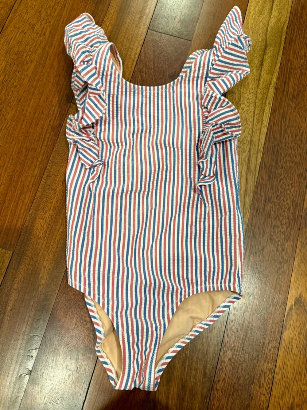 Crewcuts Ruffle-Shoulder One-Piece Swimsuit in Red, Blue & White Seersucker Sz S